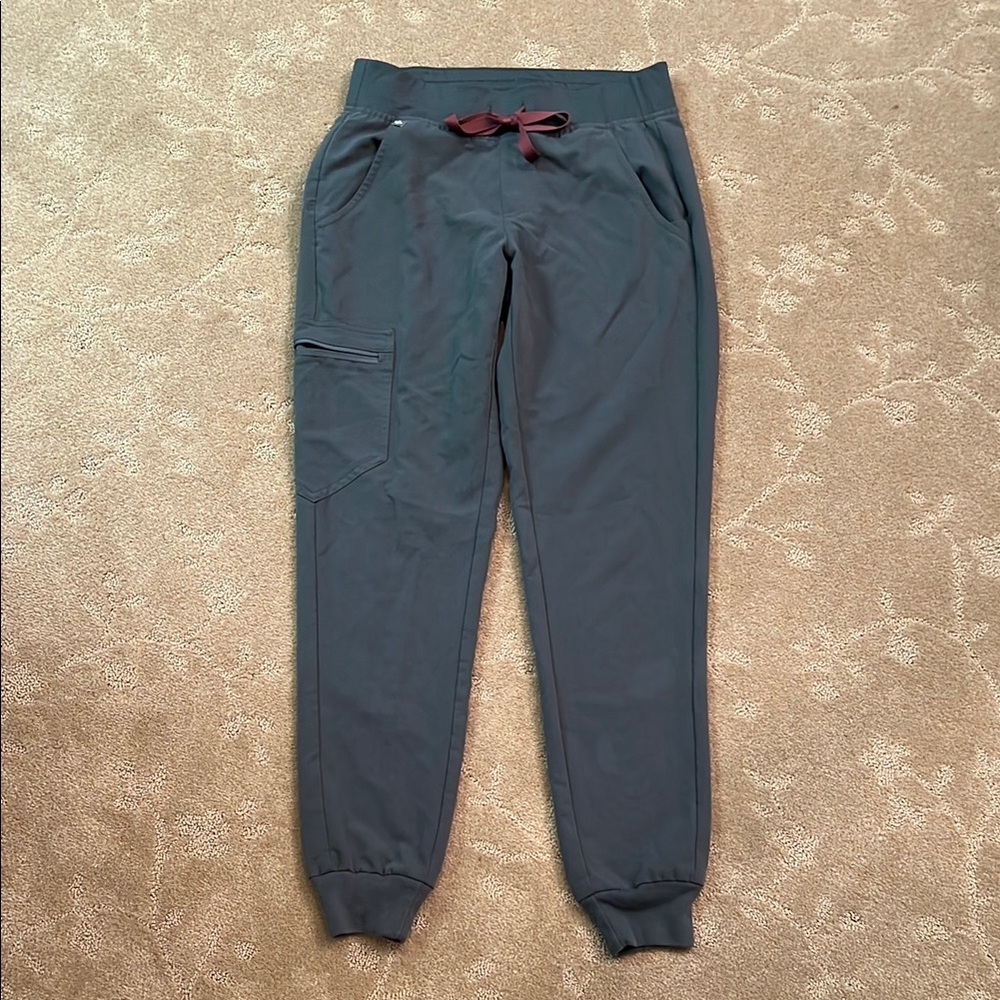 Figs Women's Jogger Pants - Dark Green with Burgundy Tie